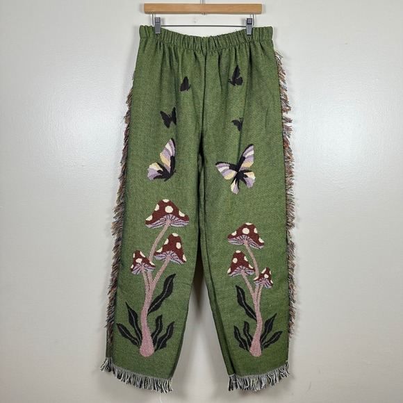 Earthbound Trading Company Pants - Earthbound Trading Co Women's XL Tapestry Pants Green Mushroom Butterfly Fringe